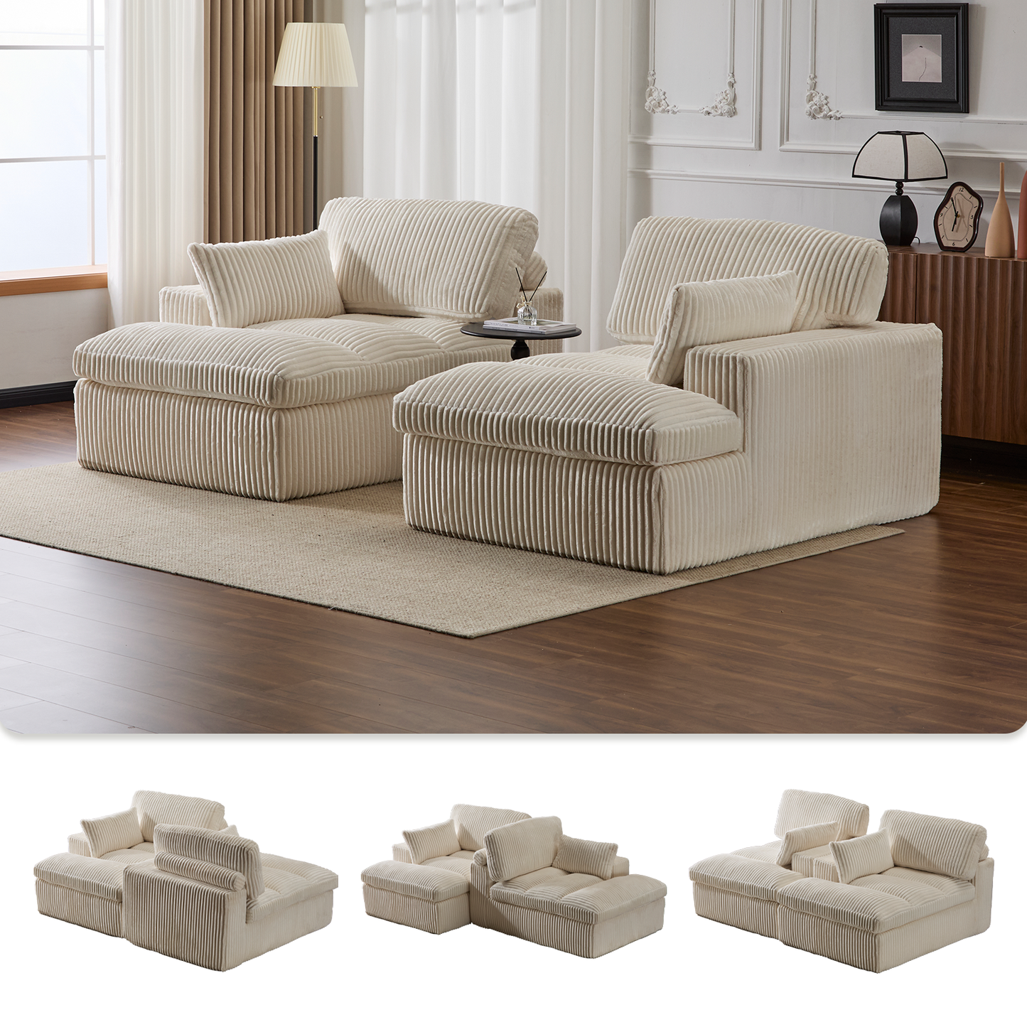 Double Chaise Lounge Chair Indoor,Oversized Upholstered Sleeper Cloud Couch,Deep Seat Luxury Sofa Bed,Sectional Sofa Chaise Love-seat,Corduroy Reading Chair For Living Room,No Assembly Required,White