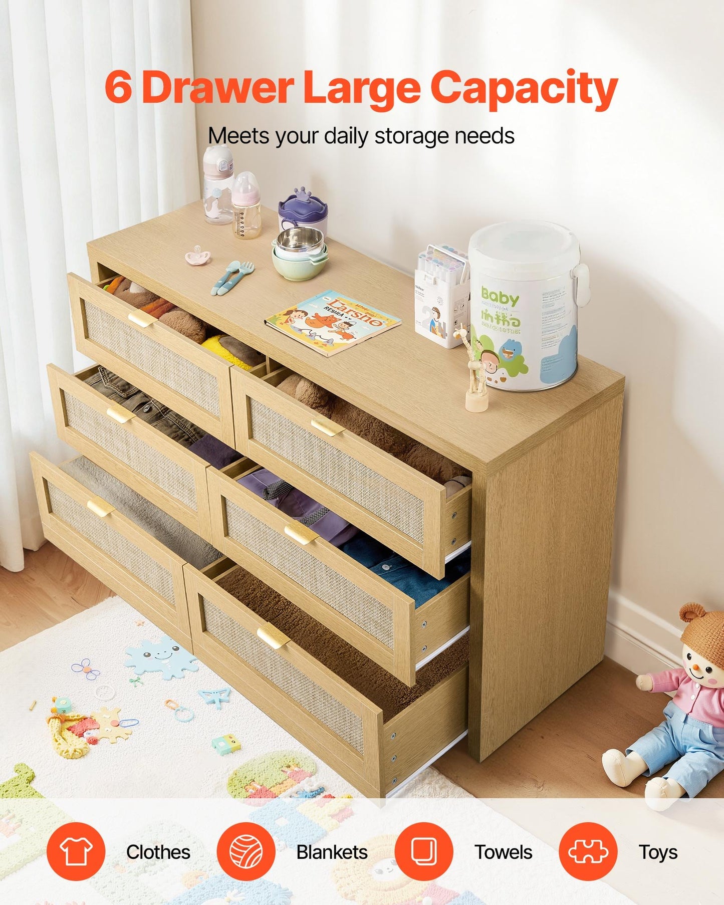 6 Drawer Rattan Dresser, Double Dresser For Bedroom, Natural Rattan Chest Of Drawer With Metal Handle, Modern Wood Chest Clothing Organizer & Storage For Bedroom, Living Room, Hallway, Burlywood