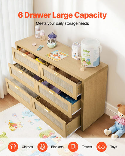 6 Drawer Rattan Dresser, Double Dresser For Bedroom, Natural Rattan Chest Of Drawer With Metal Handle, Modern Wood Chest Clothing Organizer & Storage For Bedroom, Living Room, Hallway, Burlywood