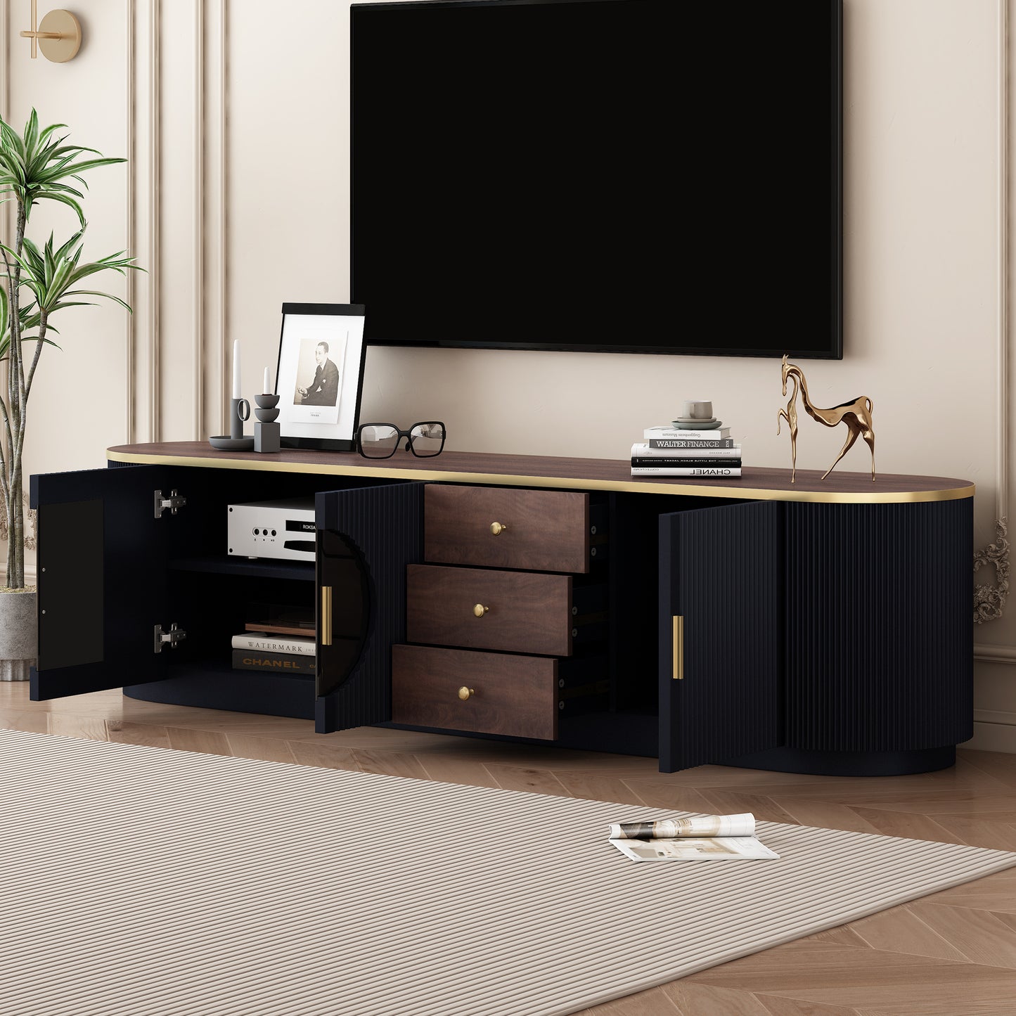VIBE HAUS 70.8 Modern Minimalist TV Stand For TVs Up To 80 Inches, Entertainment Center With 3 Drawers And 1 Shelf, Metal Handles And 2 Cabinets For Living Room