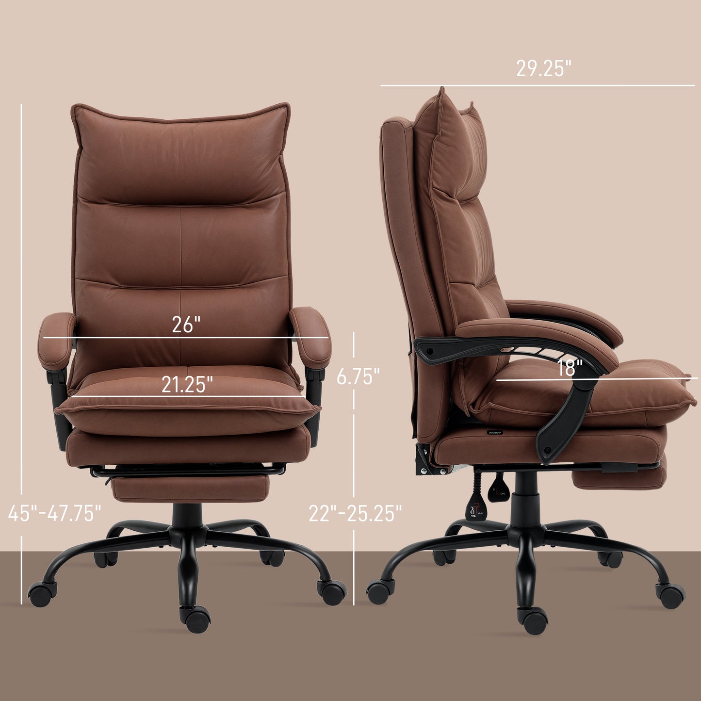 Executive Massage Office Chair with 6 Vibration Points, Microfiber Computer Desk Chair, Heated Reclining Chair with Footrest, Armrest, Double Padding, Brown