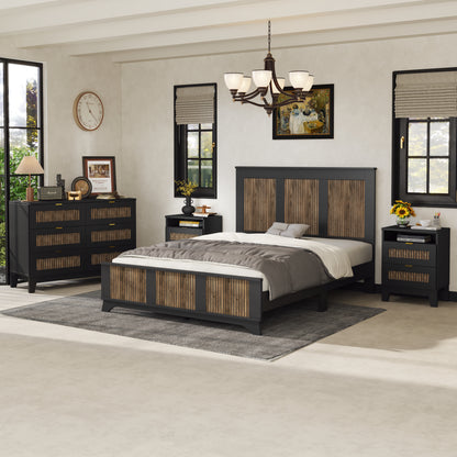 4-Pieces Bedroom Sets, Queen Size Farmhouse Platform Bed With Wooden Strip Stickers Decoration, Storage Nightstand And Dresser With Metal Handle, Black