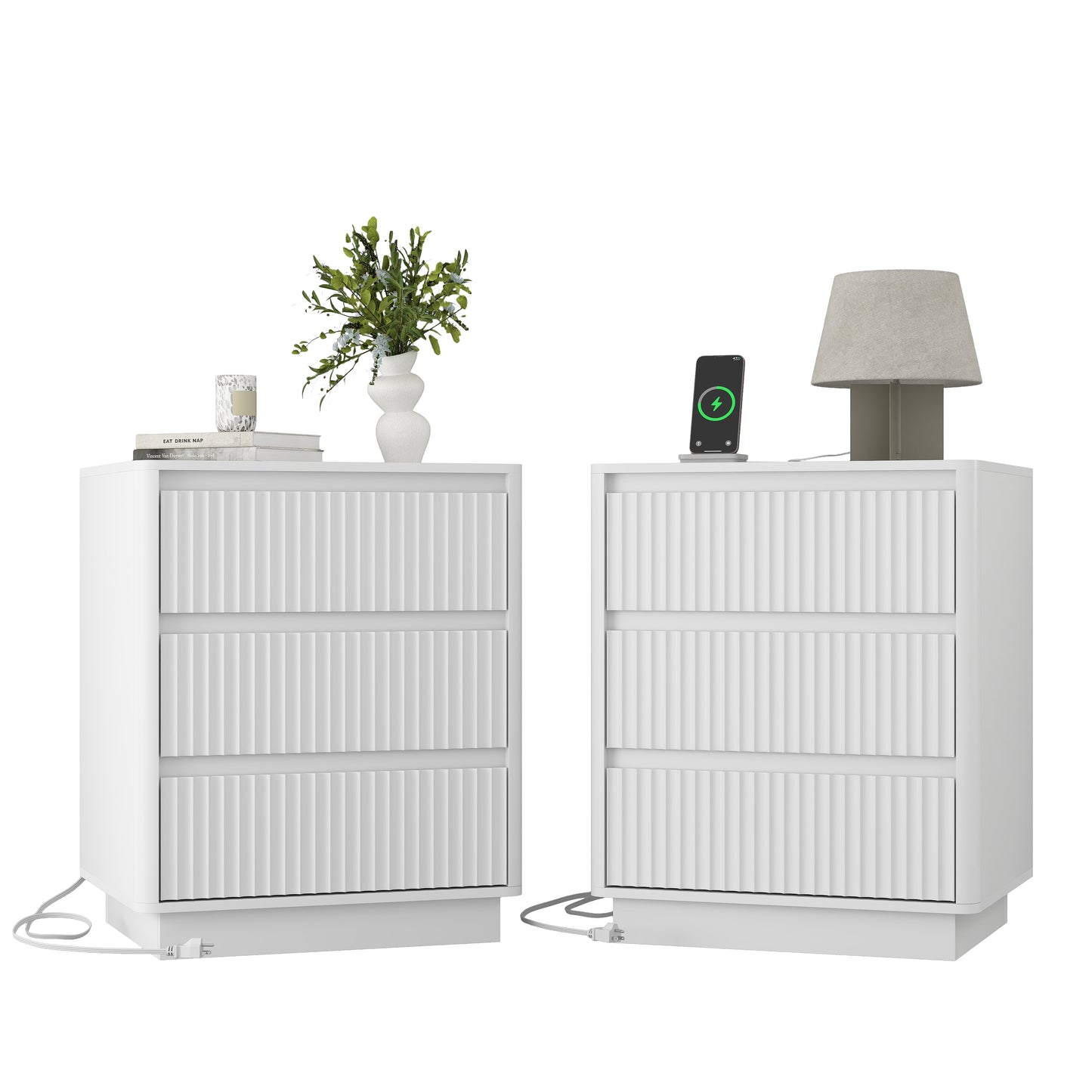 Set Of 2 End Table With Fast USB C Charging Station, Sofa Side Table With 3Drawers, Large Storage Modern Wood Storage Cabinet For Living Room,Bedroom,Office, White