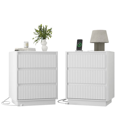 Set Of 2 End Table With Fast USB C Charging Station, Sofa Side Table With 3Drawers, Large Storage Modern Wood Storage Cabinet For Living Room,Bedroom,Office, White