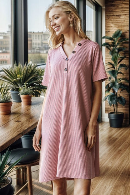 Heimish Full Size Solid Ribbed Mini Dress with Button Plus Size