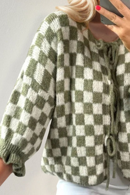 Back To School Sweater - Double Take Tied Checkered Dropped Shoulder Flounce Sleeve Cardigan