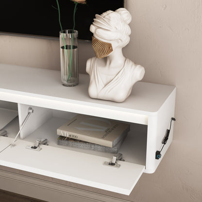 Floating TV Stand, Wall Mounted TV Shelf With Led Lights & Power Outlet,High Gloss TV Cabinet For White Tv Stands For Living Room