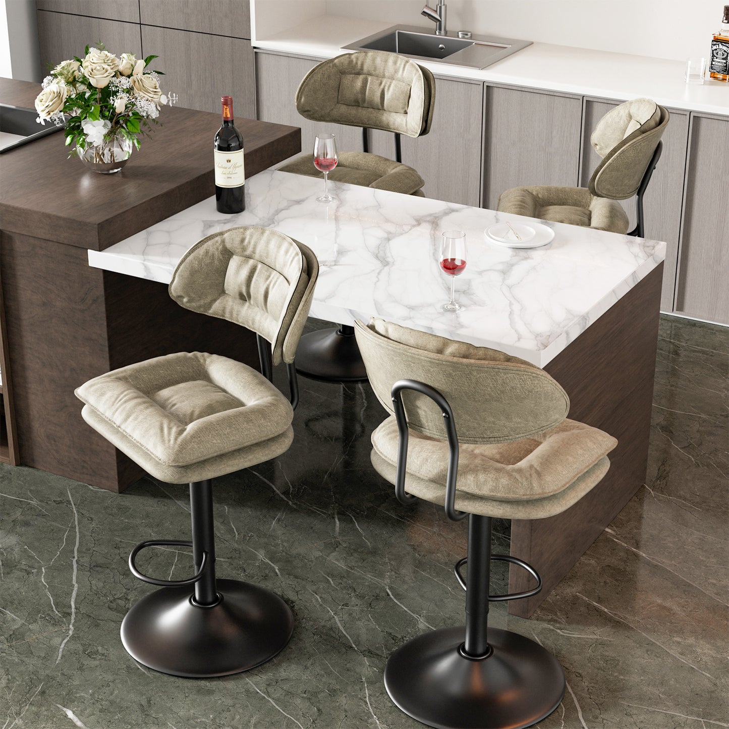 Modern Bar Stools Set Of 2, Double-Layer Adjustable Bar Stools With Back, Ergonomic Upholstered Fabric Swivel Barstools For Kitchen Island