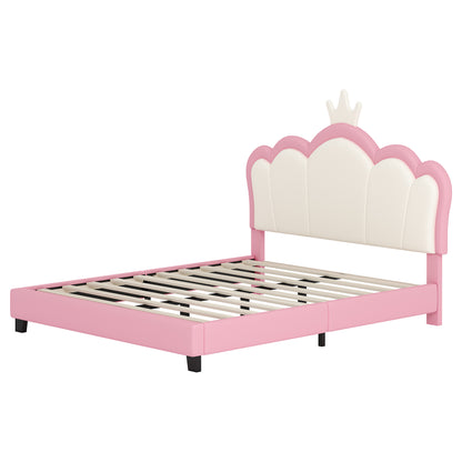 Full Size Upholstered Princess Bed With Crown Headboard,Full Size Platform Bed With Headboard And Footboard, Cream Pink