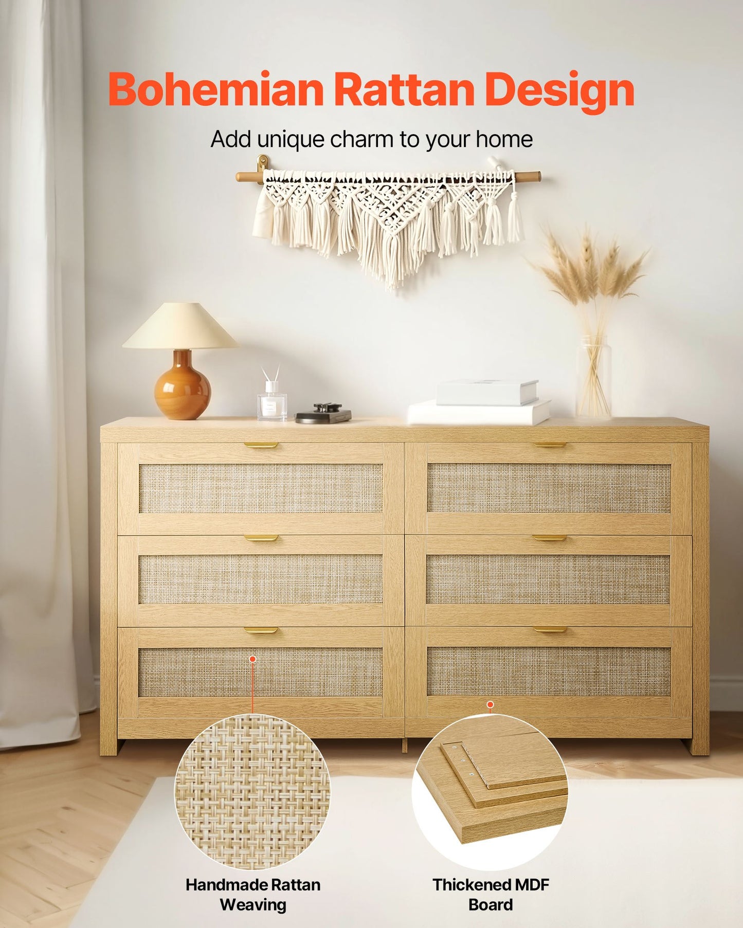 6 Drawer Rattan Dresser, Double Dresser For Bedroom, Natural Rattan Chest Of Drawer With Metal Handle, Modern Wood Chest Clothing Organizer & Storage For Bedroom, Living Room, Hallway, Burlywood