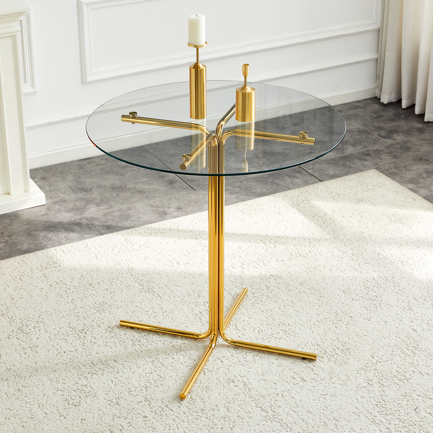 Round Glass Bar High Table, 36 Inch Round Bar Table, Tempered Glass Tabletop, Sturdy Gold Chrome Plated Four Column Support, Suitable For Transparent Round Bar Tables In Small Spaces, Kitchens