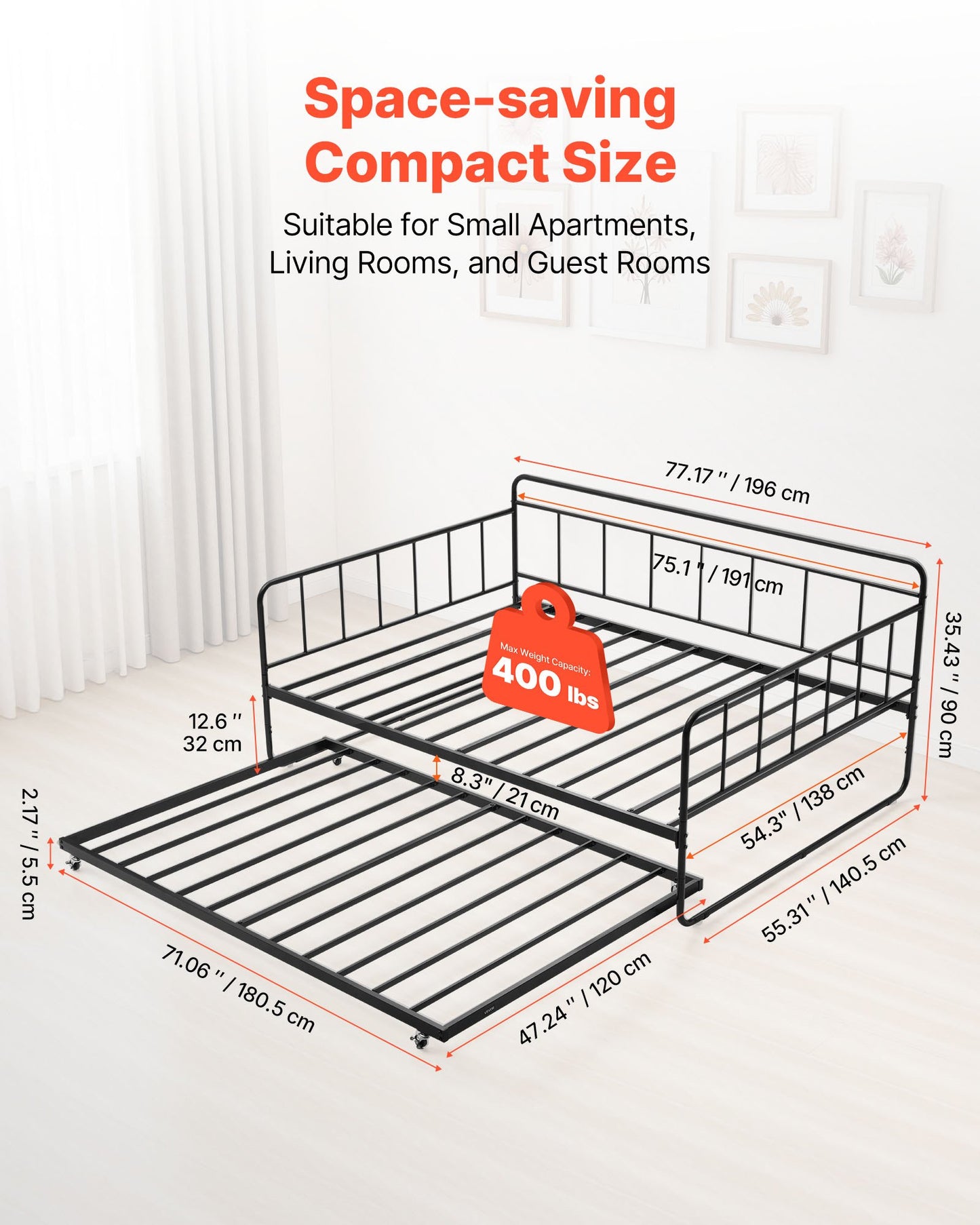 Full Size Daybed Frame, Day Bed With Trundle, Heavy Duty Metal Platform Bed Frame, Full Daybed With Metal Slats Support For Living Room, Bedroom, Guest Room, Easy Assembly, Black