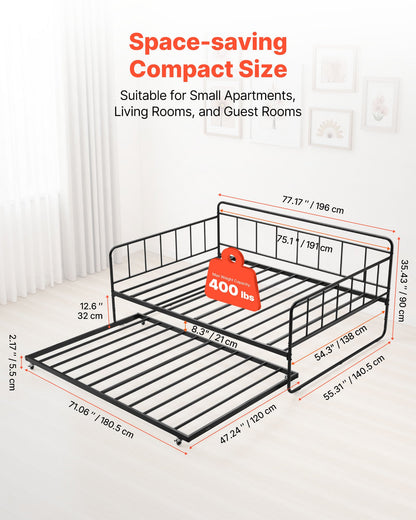 Full Size Daybed Frame, Day Bed With Trundle, Heavy Duty Metal Platform Bed Frame, Full Daybed With Metal Slats Support For Living Room, Bedroom, Guest Room, Easy Assembly, Black