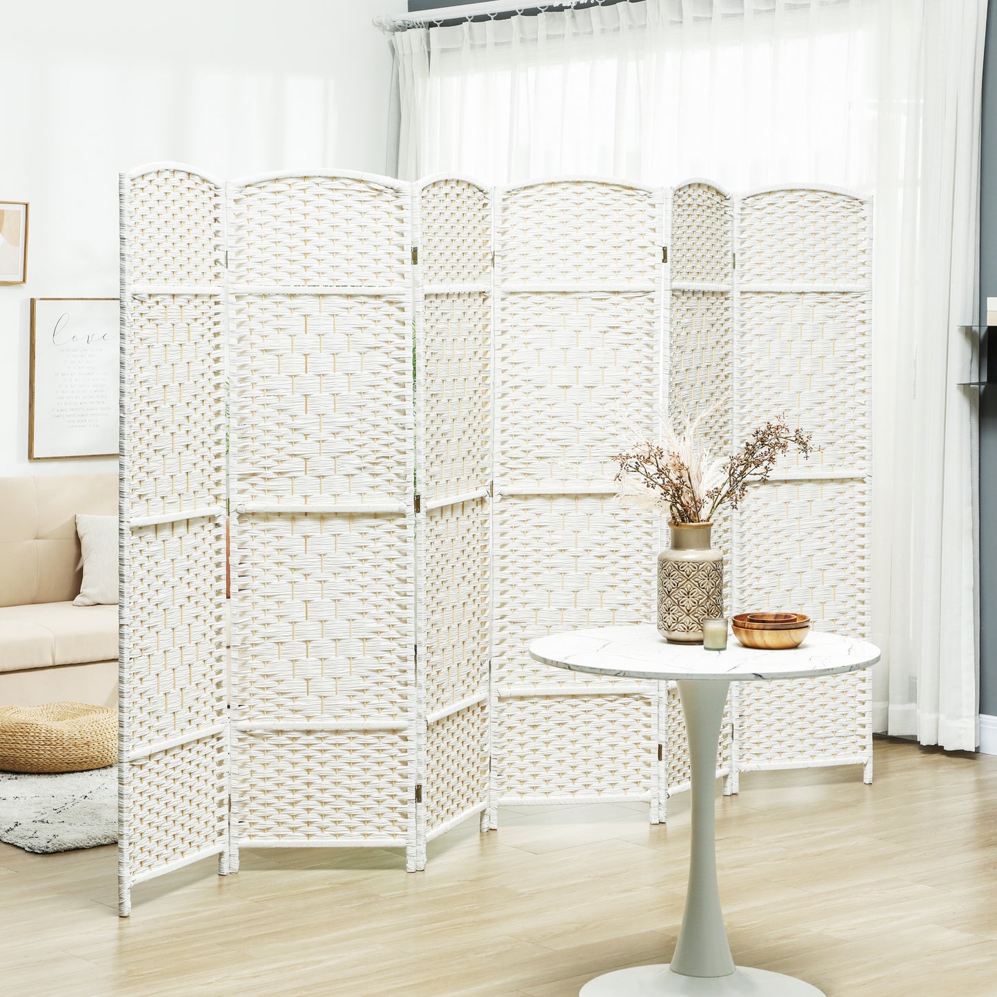 Folding Room Divider Screen 6 Panel 6' Tall Privacy Screen Freestanding Wood Partition for Home Office, White