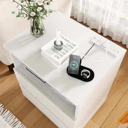 Set Of 2 End Table With Fast USB C Charging Station, Sofa Side Table With 2 Drawers, Large Storage Modern Wood Storage Cabinet For Living Room,Bedroom,Office, White