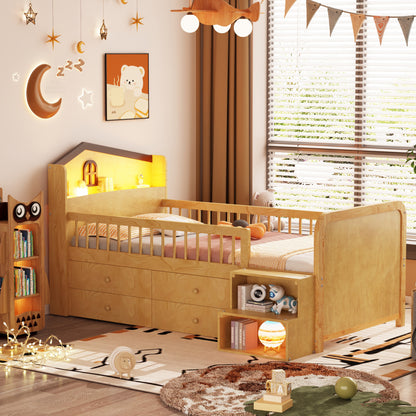 Low Loft Bed With LED Lights, Wooden Twin Loft Bed With House Shape Headboard, Kids Loft Bed With Storage Drawers, Natural Expect Arrival Date 2025 1 20