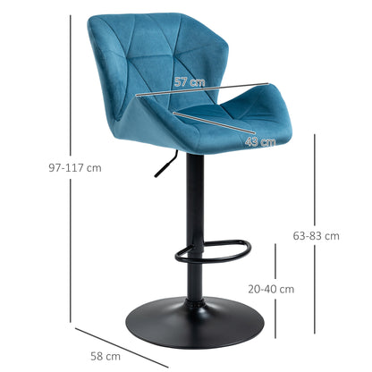 Bar Stools Set Of 2, Luxurious Velvet-Touch Barstools With Metal Frame Footrest Round Base Triangle Indenting Moulded Seat Adjustable Height Swivel Blue