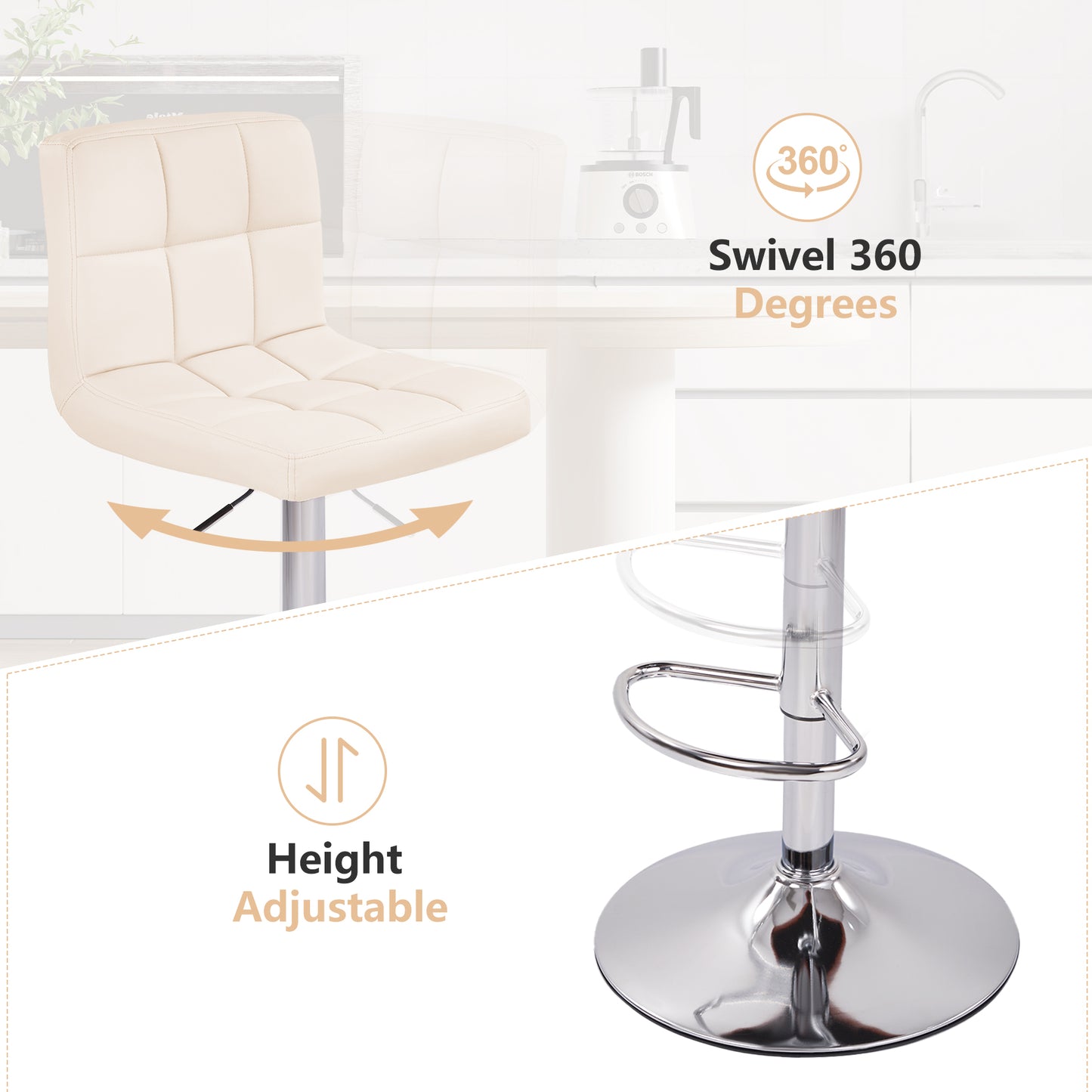 Swivel Bar Stools Set Of 2 Modern PU Leather Barstools With Midback, Adjustable Counter Height Bar Chairs