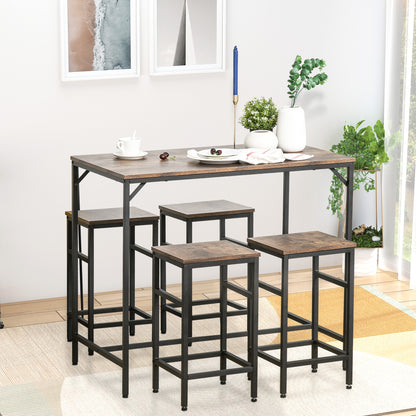 5-Piece Industrial Dining Table Set, Bar Table & 4 Stools Set, Space Saving for Pub & Kitchen, Rustic Brown/Black