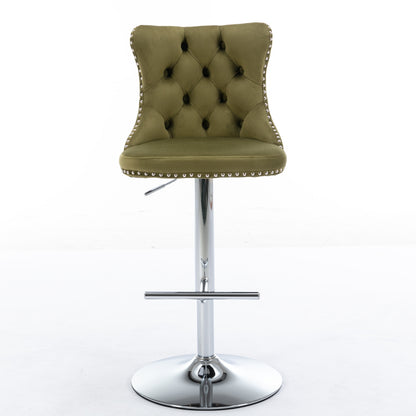 Swivel Velvet Barstools Adjusatble Seat Height From 25-33 Inch, Modern Upholstered Chrome Base Bar Stools With Backs Comfortable Tufted For Home Pub And Kitchen Island, Olive-Green,Set Of 2,1712OL