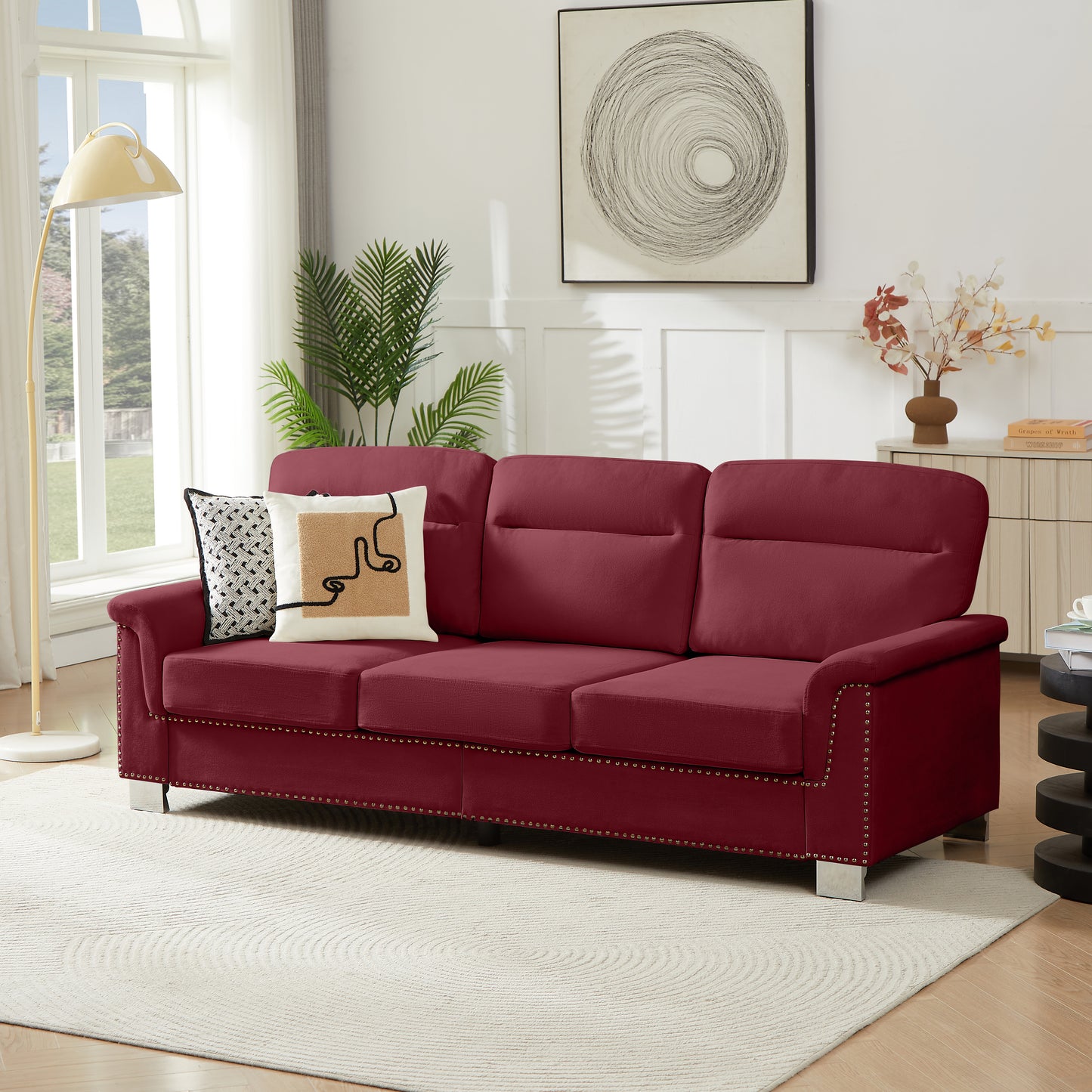 82 Modern Compressed Snowfleece Fabric 3-Seater Sofa, For Living Room, Bedroom, Office & Entertainment Spaces, Burgundy