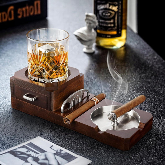 Solid Wood Cigar Ashtray With Drawer And Whiskeycigar Tray