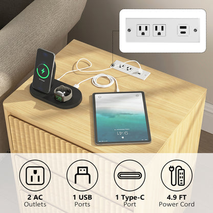 Set Of 2 End Table With Fast USB C Charging Station, Sofa Side Table With 3Drawers, Large Storage Modern Wood Storage Cabinet For Living Room,Bedroom,Office, Natura