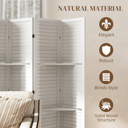 6 Panel 67" Tall Wood Privacy Screen Room Divider with 3 Shelves and Folding Storage for Bedroom, White