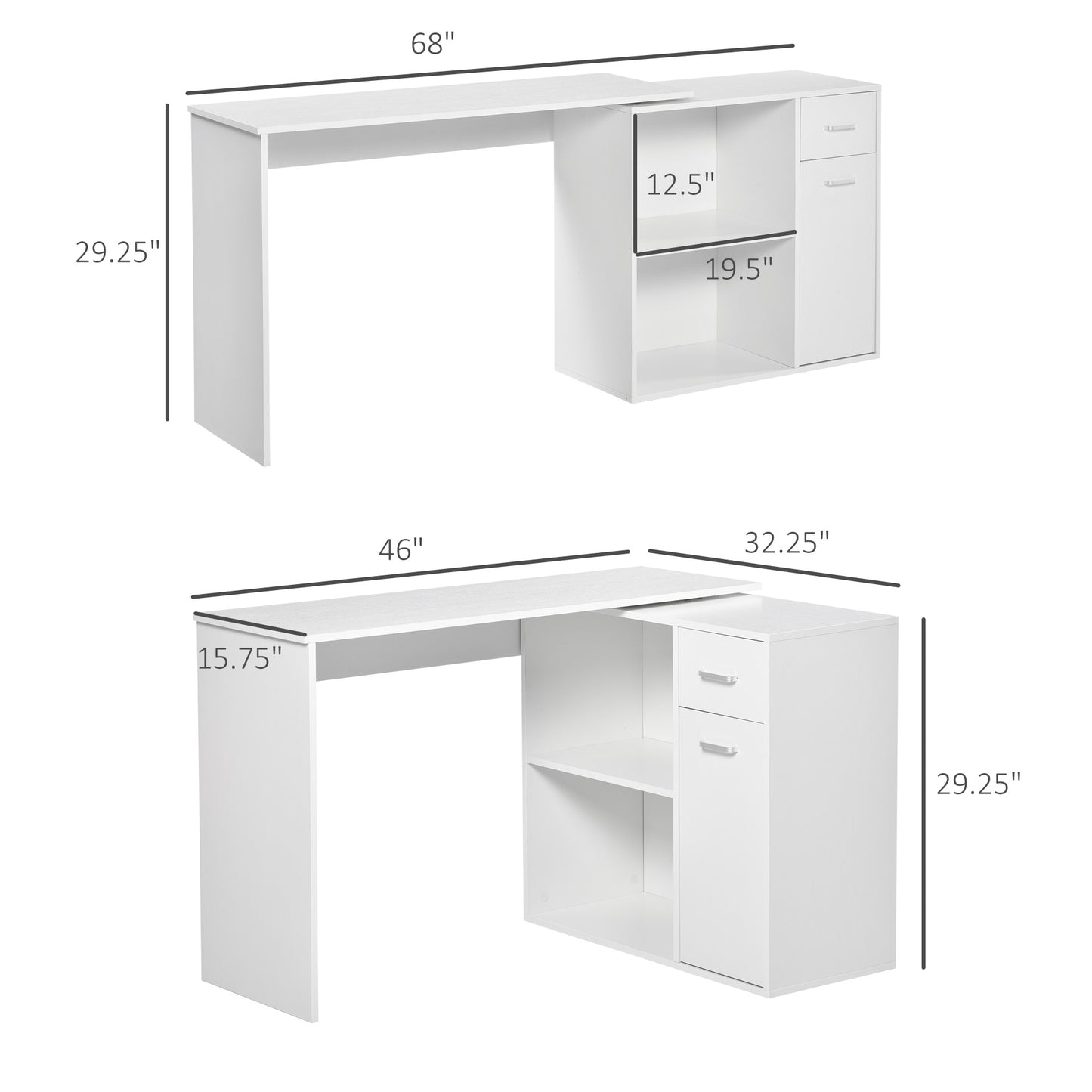 L Shaped Computer Desk, 180° Rotating Corner Desk with Storage Shelves, Drawer and Cabinet, Study Workstation for Home Office, White