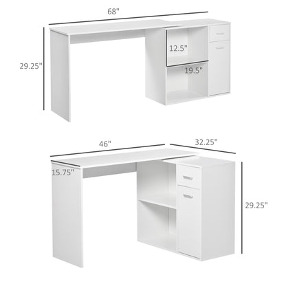 L Shaped Computer Desk, 180° Rotating Corner Desk with Storage Shelves, Drawer and Cabinet, Study Workstation for Home Office, White