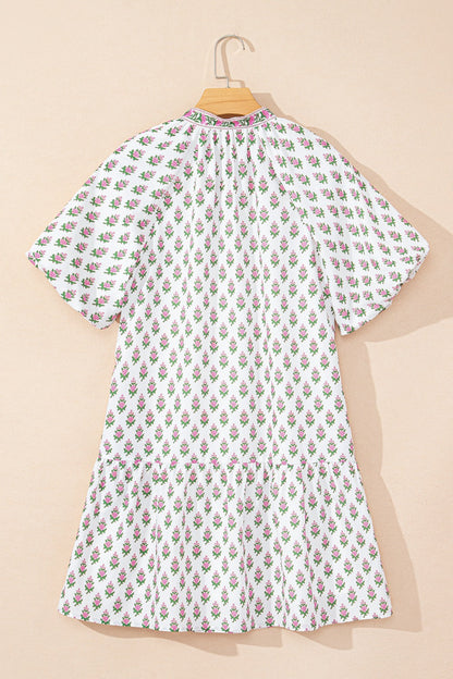 Floral Print Puff Sleeve Tie Neck Ruffled Hem Dress
