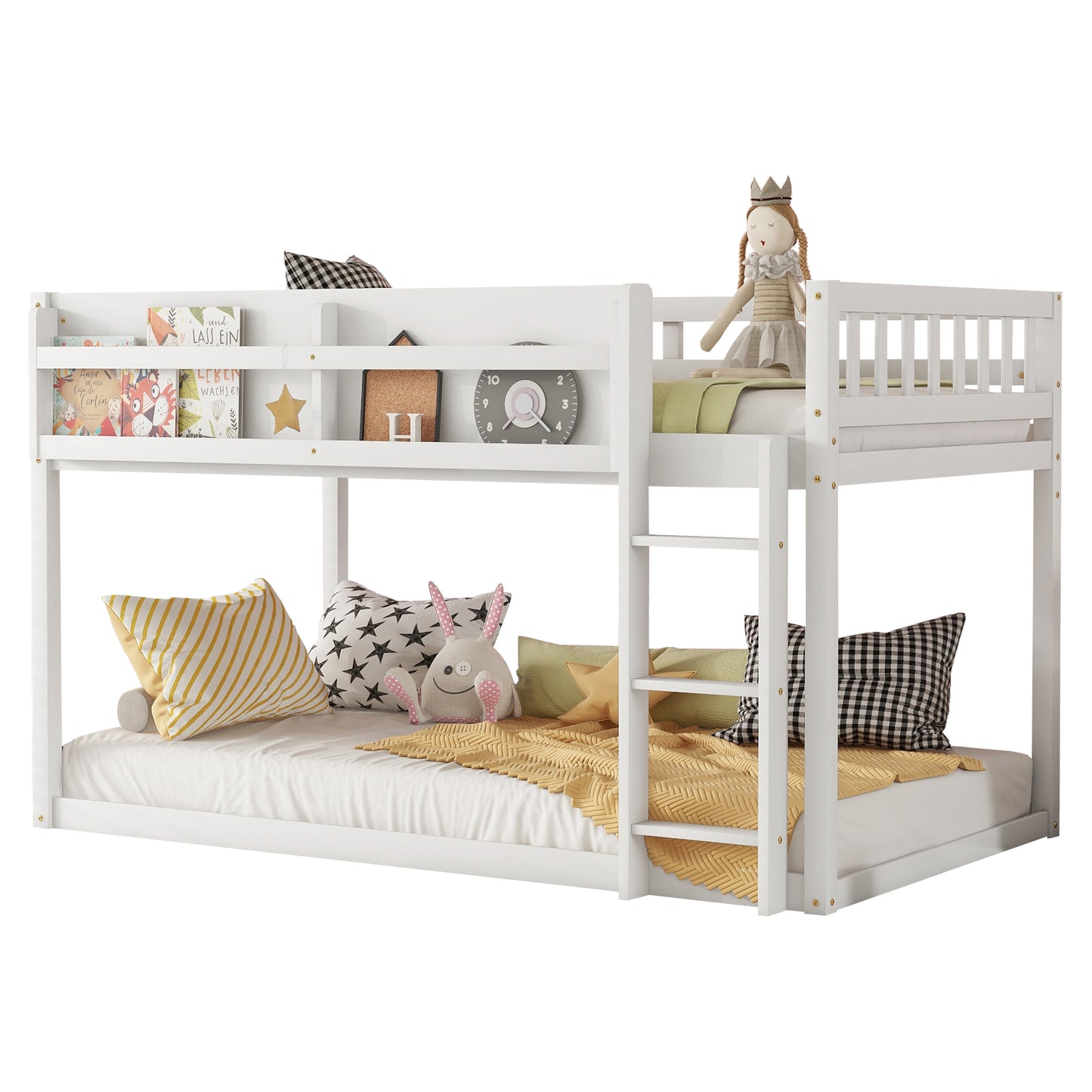 Low Twin Over Twin Bunk Bed, Floor Bunk Bed With Ladder, Solid Wood Twin Bunk Bed For Kids & Juniors, WhiteExpect Arrival Date 2025 11 25