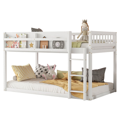 Low Twin Over Twin Bunk Bed, Floor Bunk Bed With Ladder, Solid Wood Twin Bunk Bed For Kids & Juniors, WhiteExpect Arrival Date 2025 11 25