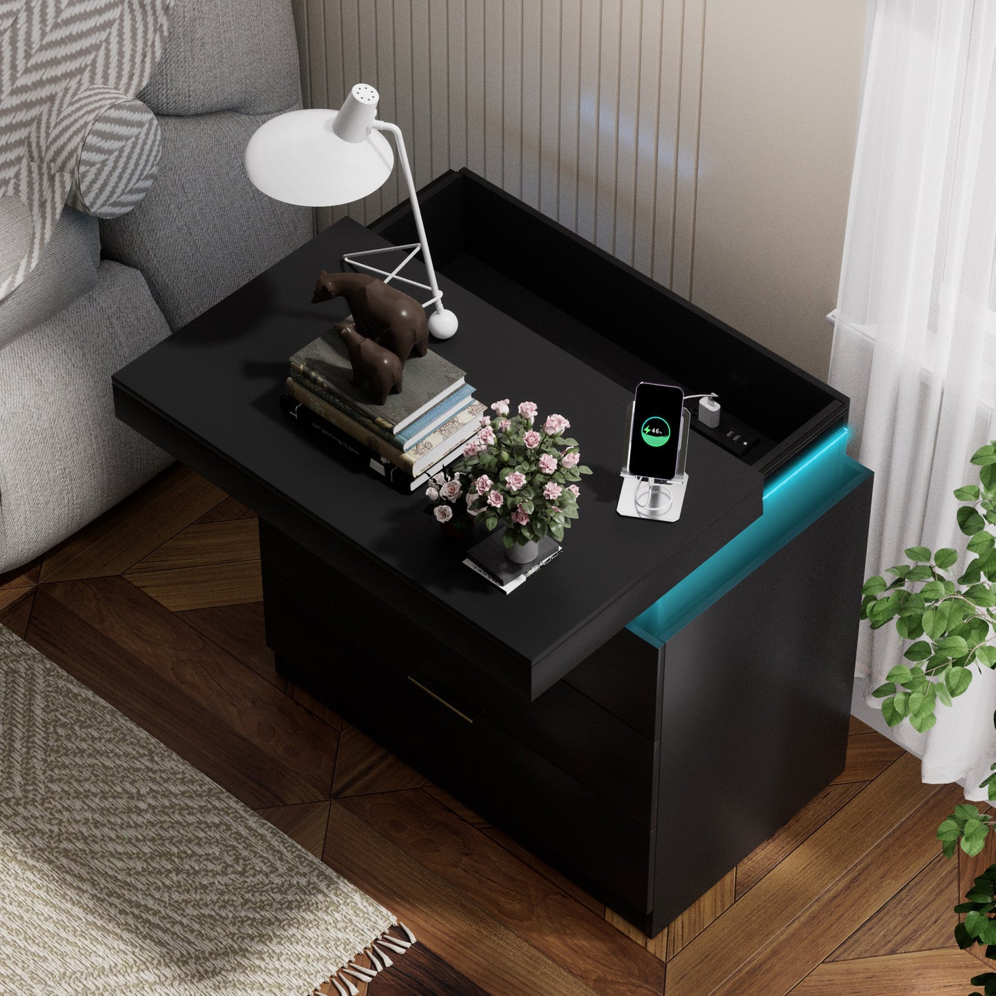 Nightstand With Charging Station And LED Lights,Night Stand With Sliding Top For Bedroom,Bedside Table With Drawers,Modern End Side Table,Black.28.8 W X 17 D X 30.5 H.