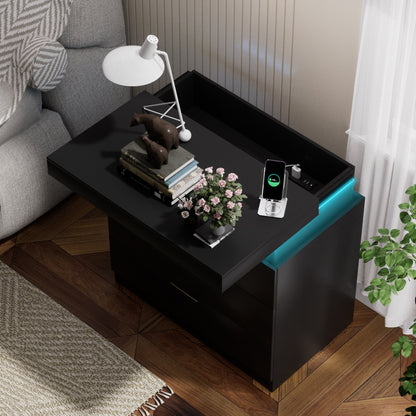 Nightstand With Charging Station And LED Lights,Night Stand With Sliding Top For Bedroom,Bedside Table With Drawers,Modern End Side Table,Black.28.8 W X 17 D X 30.5 H.