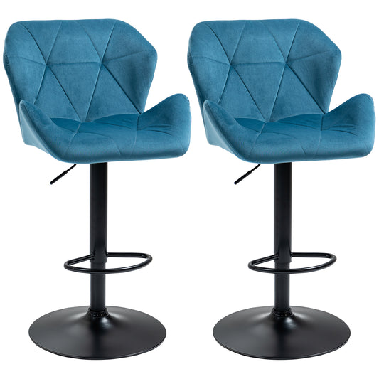 Bar Stools Set Of 2, Luxurious Velvet-Touch Barstools With Metal Frame Footrest Round Base Triangle Indenting Moulded Seat Adjustable Height Swivel Blue