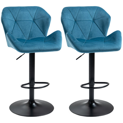 Bar Stools Set Of 2, Luxurious Velvet-Touch Barstools With Metal Frame Footrest Round Base Triangle Indenting Moulded Seat Adjustable Height Swivel Blue