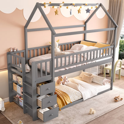 TWIN TWIN HOUSE BUNK BED WITH SHELVES AND DRAWERS FOR GREY COLOR