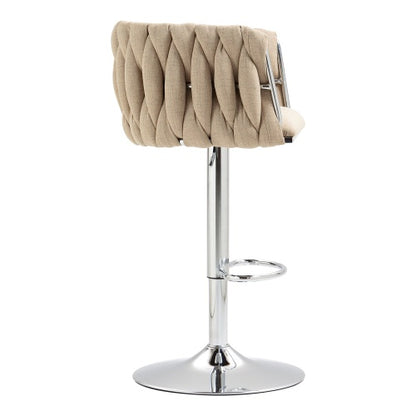360 Fabric Cover Swivel Bar Stools Set Of 2, Adjustable Counter Height Bar Chairs With Woven Back & Footrest, Silver Chromed Bar Stools For Kitchen Island, Cafe, Pub