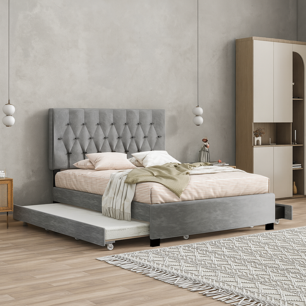 GRAY QUEEN SIZE TRUNDLE PULL OUT DRAWERS STORAGE UPHOLSTERED BED MODERN  DESIGN NO BOX SPRING REQUIRED