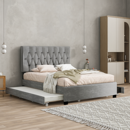 GRAY QUEEN SIZE TRUNDLE PULL OUT DRAWERS STORAGE UPHOLSTERED BED MODERN  DESIGN NO BOX SPRING REQUIRED