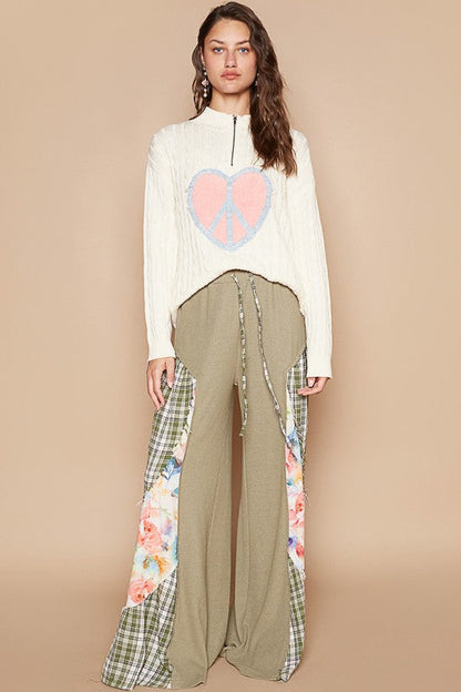 Back To School Sweater - POL Cable-Knit Peace Patch Dropped Shoulder Sweater
