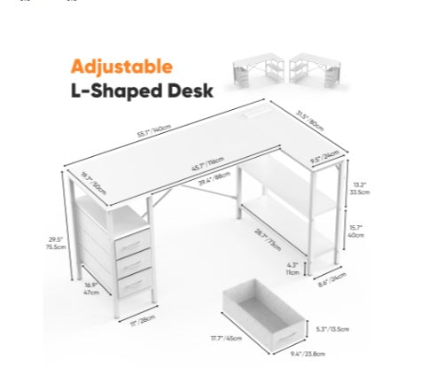 L-shaped Computer Gaming Table With Monitor Stand, 3 Drawers, USB Interface, Power Socket, Corner Workstation