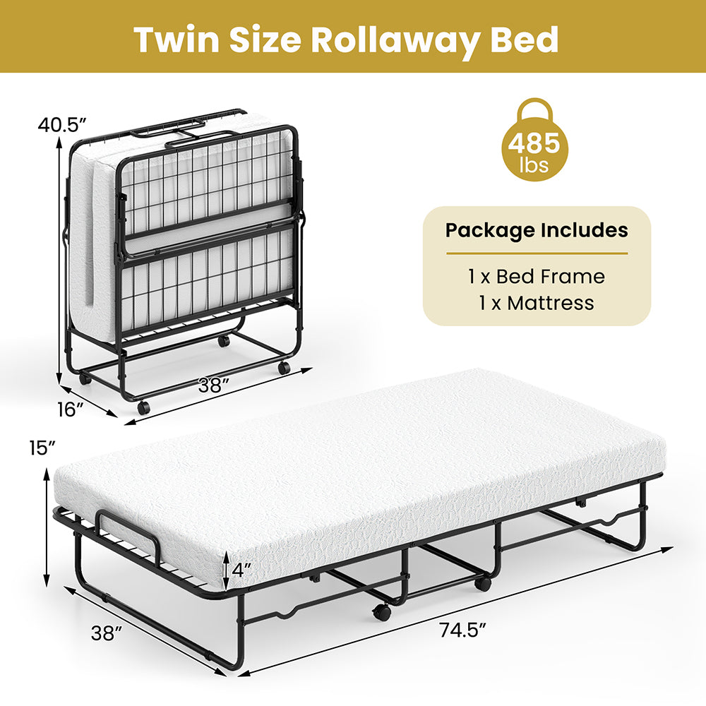 Twin Size Folding Bed With Memory Foam Mattress And Heavy-duty Metal Frame
