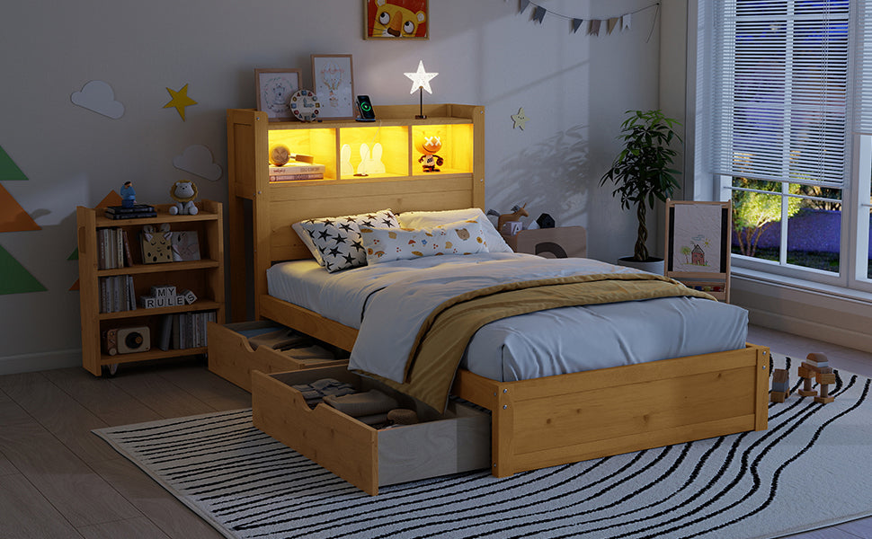 Twin Size Bed With Drawers, Wood Twin Bed With Storage Headboard And Pull Out Storage Cabinet, Wood Bed With Light And Socket, Natural Expect Arrival Date 2026 2 10