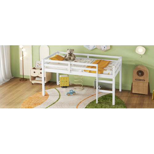 Solid Wooden, Rubber Wooden Twin Loft Bed With Ladder, Bed Platform Of Strengthened Slats , White
