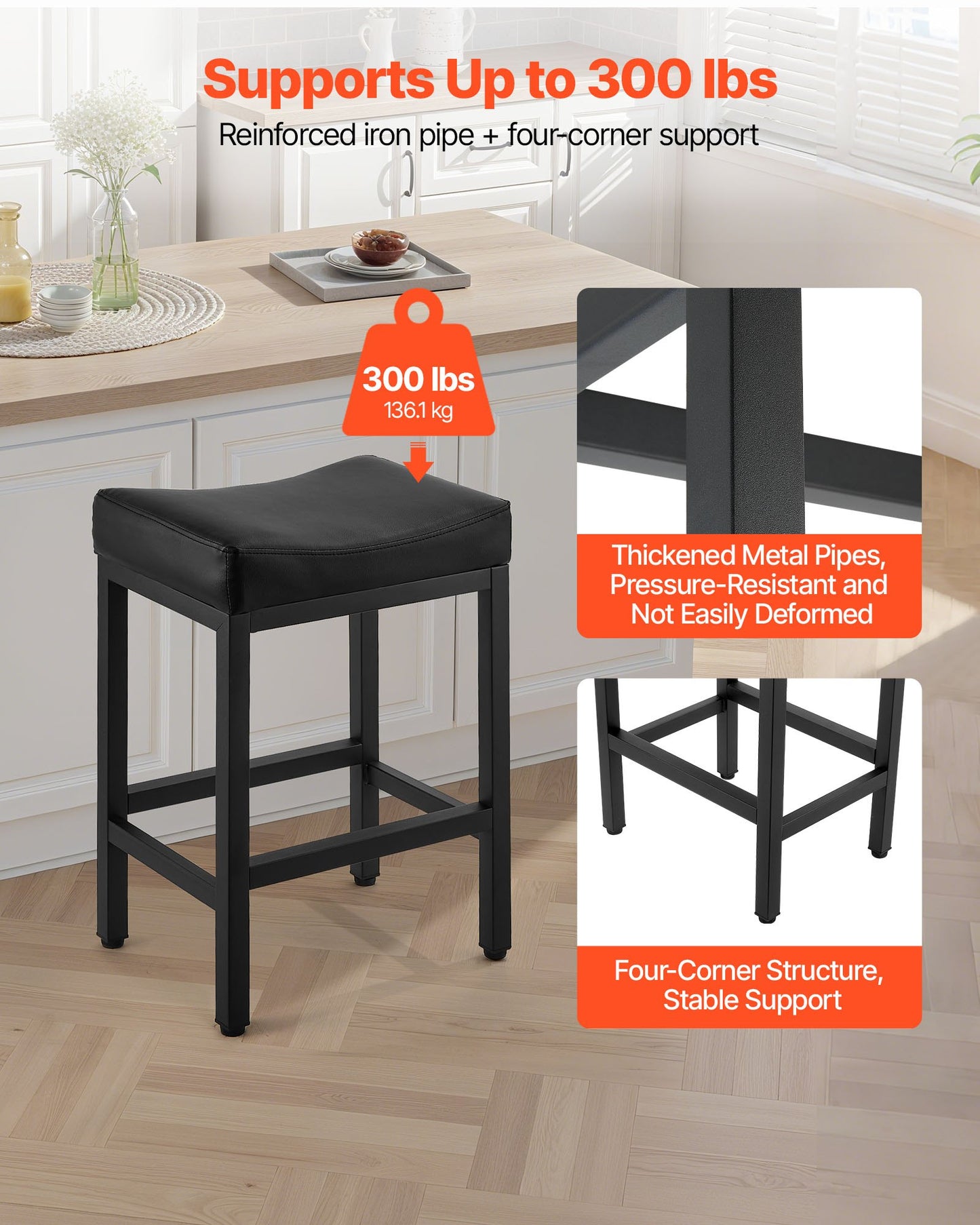 Bar Stool Set Of 2, PU Leather Counter Height Stools, 25 Inch Barstool With Saddle-Seat And Metal Legs, Easy Assembly Backless Bar Chair, Island Barstools For Kitchen, Dining Room, Cafe, Black