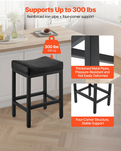 Bar Stool Set Of 2, PU Leather Counter Height Stools, 25 Inch Barstool With Saddle-Seat And Metal Legs, Easy Assembly Backless Bar Chair, Island Barstools For Kitchen, Dining Room, Cafe, Black