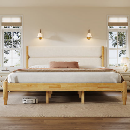 King Size Solid Wood Bed Frame With Fleece Upholstered Headboard, Ivory