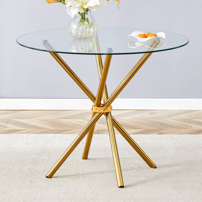Round Clear Glass Dining Table With A Unique Shape For 4-6 People, With Ring-shaped Gathered Gold Metal Legs, Suitable For Desks, Kitchens, Terraces, Dining Rooms. W1151P208338